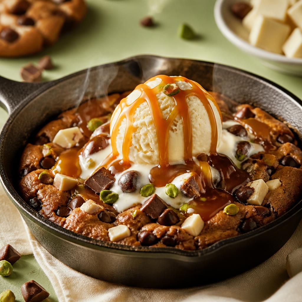 Steaming warm cookie dough with melting ice cream and caramel