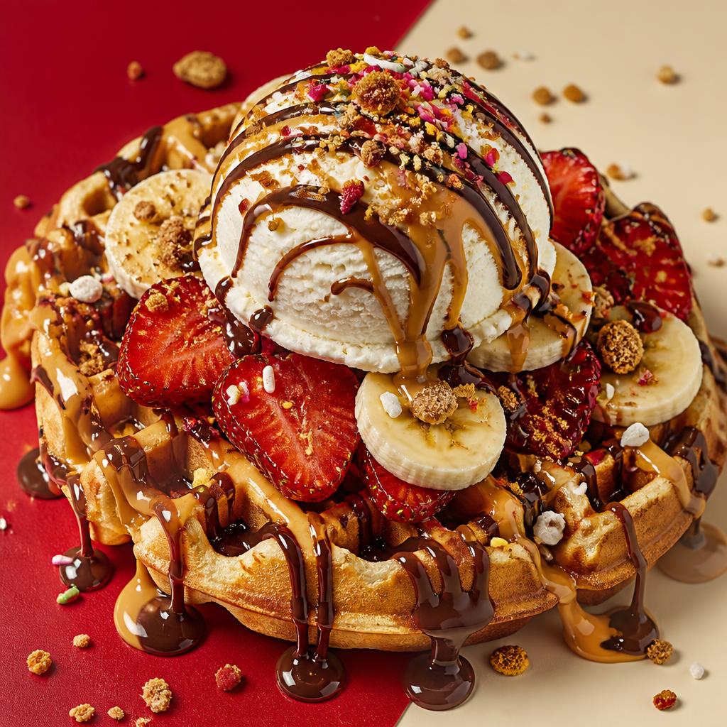 Waffle with fruit, ice cream and sauces