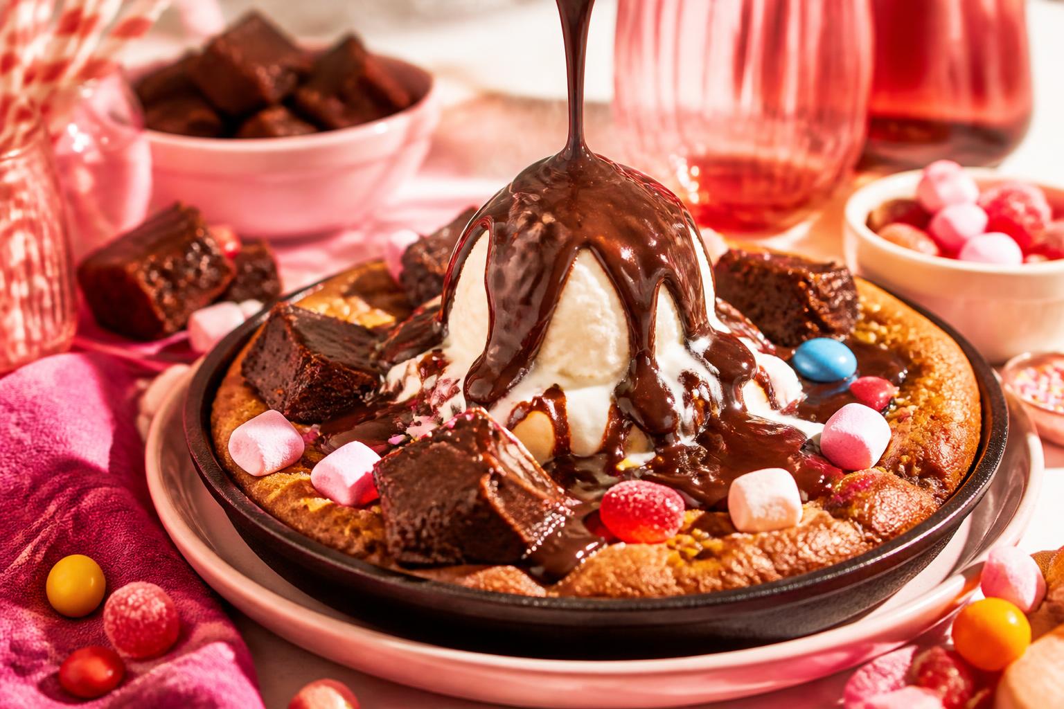 Warm cookie dough with ice cream, chocolate sauce and colourful sweets